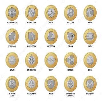 Monedas de cripto moneda logo. colección de criptomonedas blockchain de diferentes monedas de oro y plata para la compra y la red comercial. conjunto de dinero digital para aplicaciones, sitios web. realista Vector Premium 